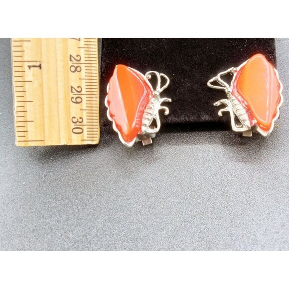 Clip On Earrings Butterfly Wings Orange Lucite Vintage 1950s Silver Tone 1 Inch - Picture 2 of 15